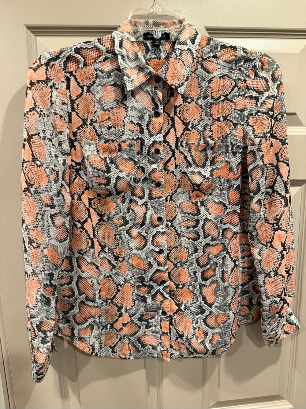 Like New Hale Bob Snake-Print Button Front Blouse - Peach, Black & White